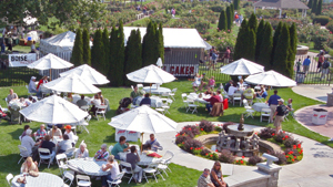 An elevated view looking down on a grassy area with people seated around several tables with white umbrellas. A decorative fountain is visible in the right foreground.