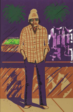 An illustration of a man standing with his hands in his pockets, facing the viewer. He is wearing sunglasses, a light tan knit cap, a tan plaid shirt, and purple pants. The tops of two green palm trees are visible in the background.