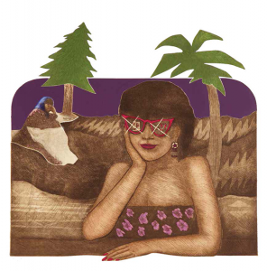 An illustration of a woman with short dark hair, red cat-eye glasses, and a sleeveless purple shirt appears in the foreground, shown from the chest up. She is resting her head on her hand, with her elbow on a surface in front of her. In the background, a green pine tree and an older woman appear on the left, and a green palm tree appears on the right.